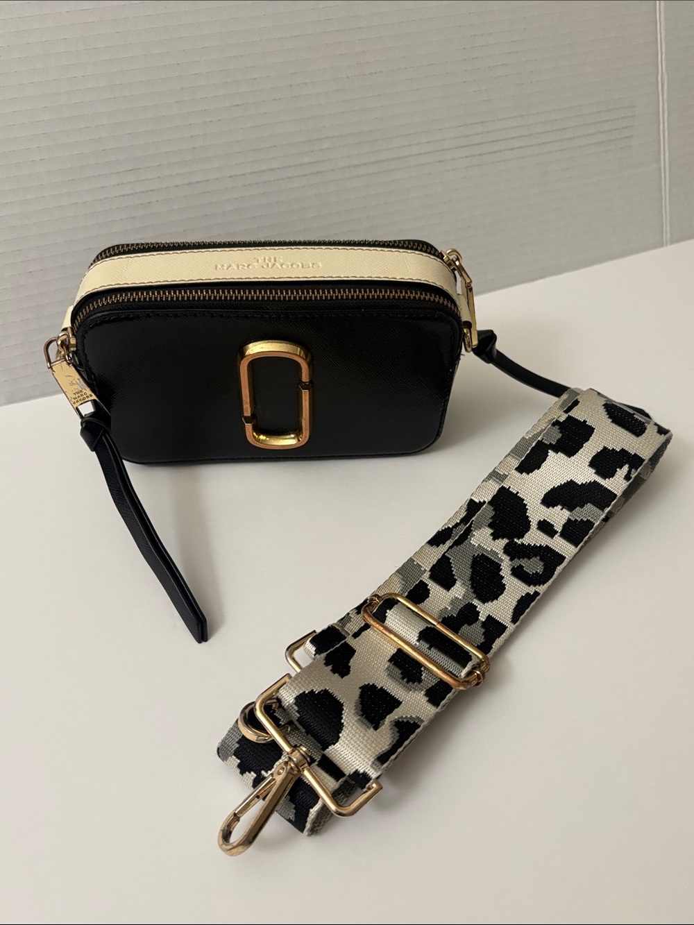 Marc Jacobs Black and Cream Saffiano Snapshot Crossbody with Leopard Strap